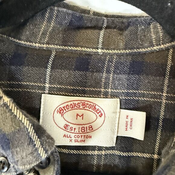 Brooks Brothers Flannel Shirt Men's Medium Plaid Brown XSlim All Cotton Pocket - Picture 2 of 9